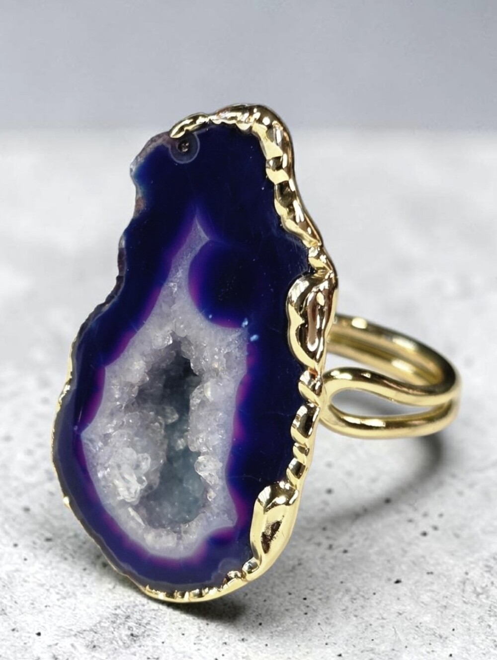 18k Gold Plated Artisan Genuine Deep Purple Agate Sugar Geode Druzy Ring - Picture 7 of 7
